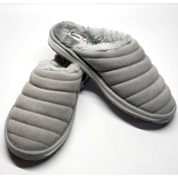 NWB Minnetonka Women's Gray Suede Sussana Scuff Faux Shearling Slippers Sz 7 571 - Picture 4 of 5